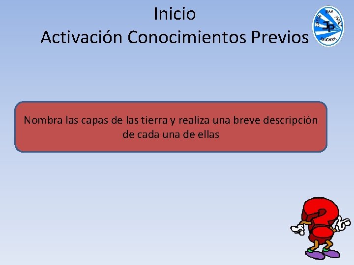 Inicio Activación Conocimientos Previos Nombra las capas de las tierra y realiza una breve