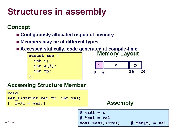 Structures in assembly Concept Contiguously-allocated region of memory Members may be of different types