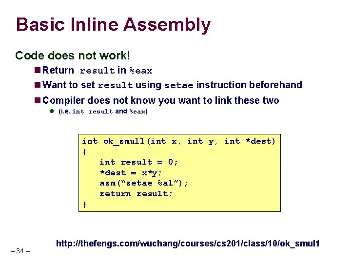 Basic Inline Assembly Code does not work! Return result in %eax Want to set