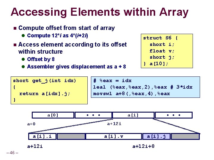 Accessing Elements within Array Compute offset from start of array Compute 12*i as 4*(i+2