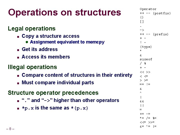 Operations on structures Legal operations ■ Copy a structure access ● Assignment equivalent to Operations on structures Legal operations ■ Copy a structure access ● Assignment equivalent to