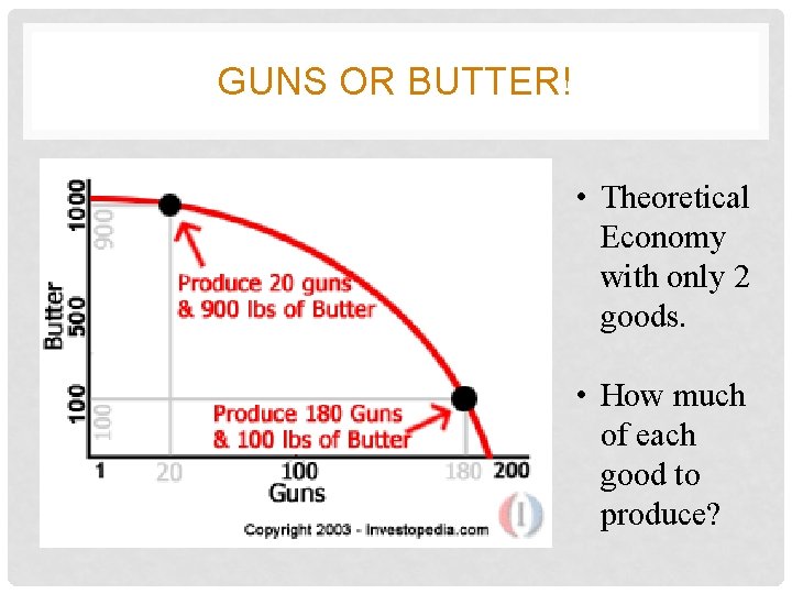 GUNS OR BUTTER! • Theoretical Economy with only 2 goods. • How much of