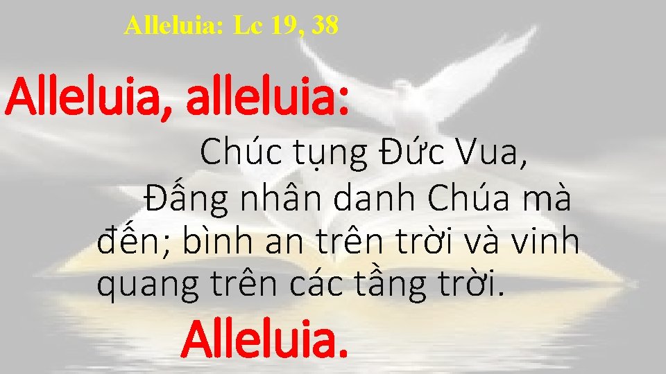 Alleluia: Lc 19, 38 Alleluia, alleluia: Chúc tụng Ðức Vua, Ðấng nhân danh Chúa