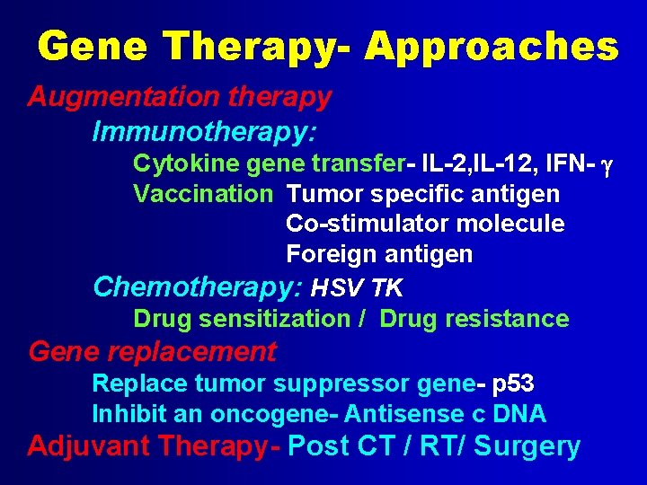 Gene Therapy- Approaches Augmentation therapy Immunotherapy: Cytokine gene transfer- IL-2, IL-12, IFN- g Vaccination