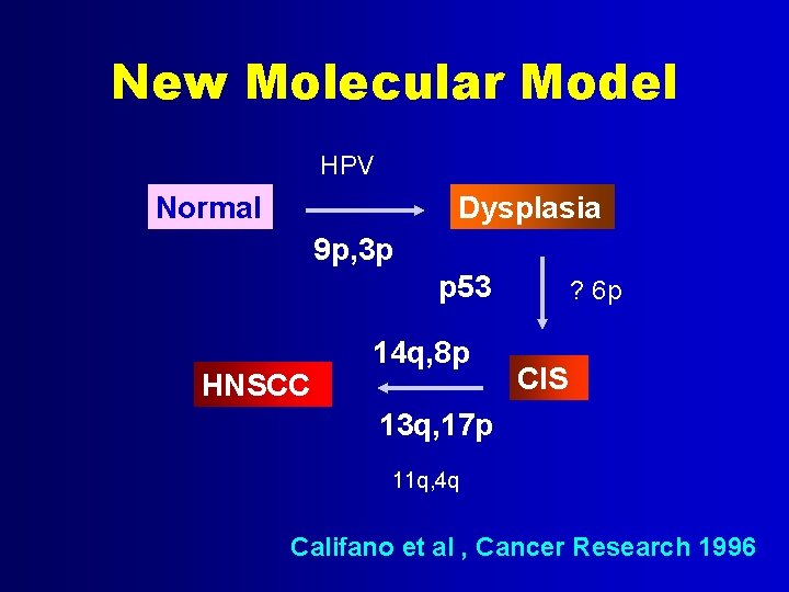 New Molecular Model HPV Normal Dysplasia 9 p, 3 p p 53 HNSCC 14