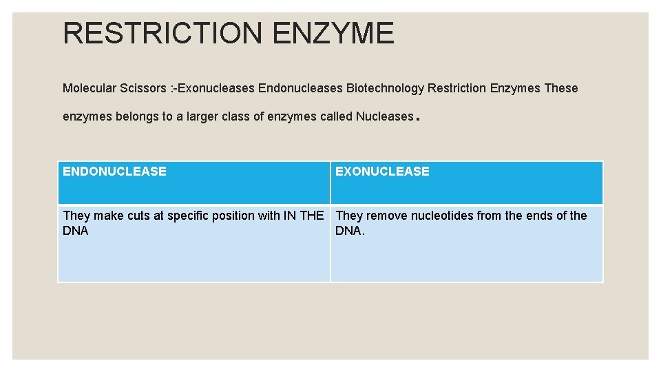 RESTRICTION ENZYME Molecular Scissors : -Exonucleases Endonucleases Biotechnology Restriction Enzymes These enzymes belongs to
