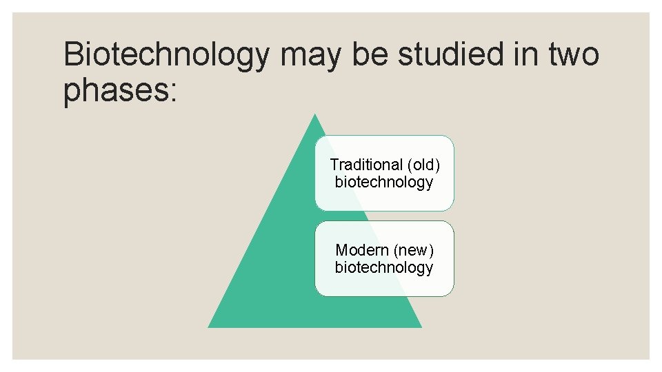 Biotechnology may be studied in two phases: Traditional (old) biotechnology Modern (new) biotechnology 
