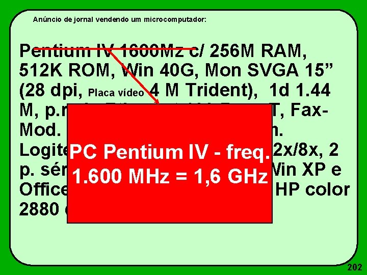 Anúncio de jornal vendendo um microcomputador: Pentium IV 1600 Mz c/ 256 M RAM,