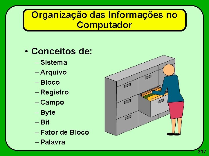 Organização das Informações no Computador • Conceitos de: – Sistema – Arquivo – Bloco