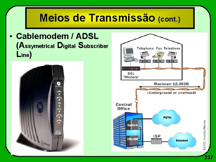 Meios de Transmissão (cont. ) • Cablemodem / ADSL (Assymetrical Digital Subscriber Line) 237