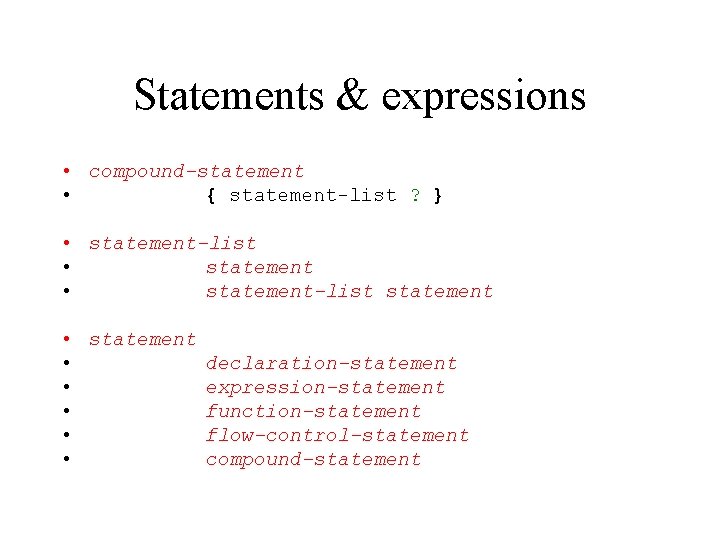 Statements & expressions • compound-statement • { statement-list ? } • statement-list statement •