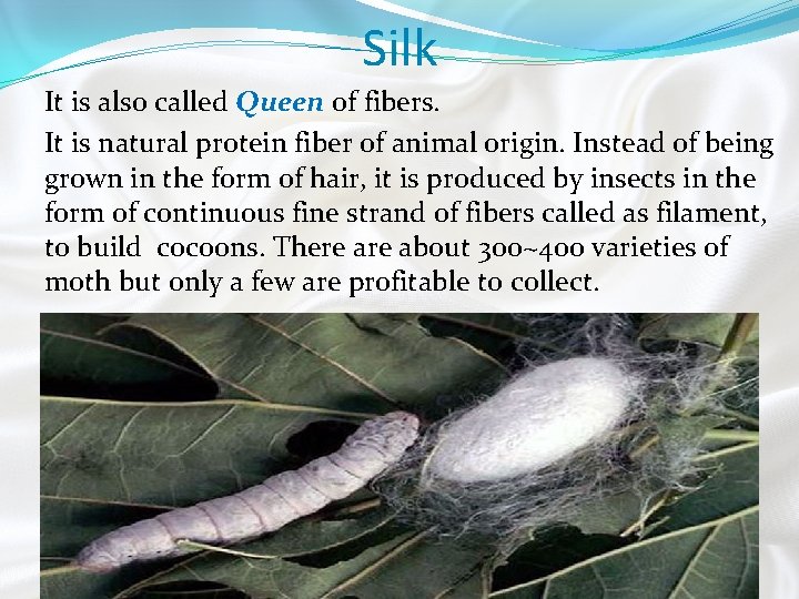 Silk It is also called Queen of fibers. It is natural protein fiber of
