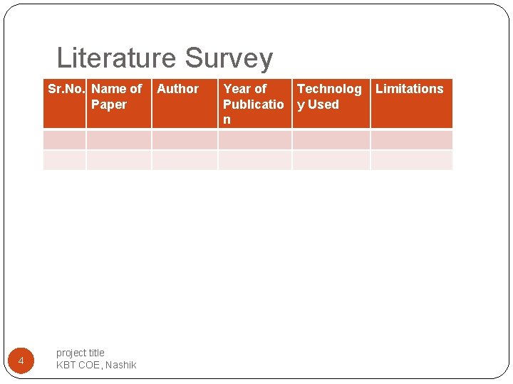 Literature Survey Sr. No. Name of Paper 4 project title KBT COE, Nashik Author Literature Survey Sr. No. Name of Paper 4 project title KBT COE, Nashik Author