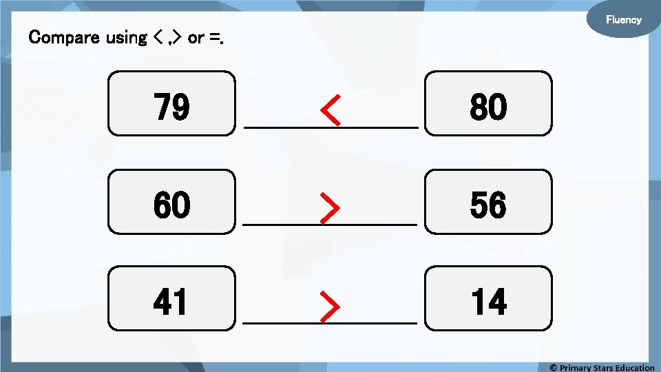 Fluency Compare using < , > or =. 79 < 80 60 > 56