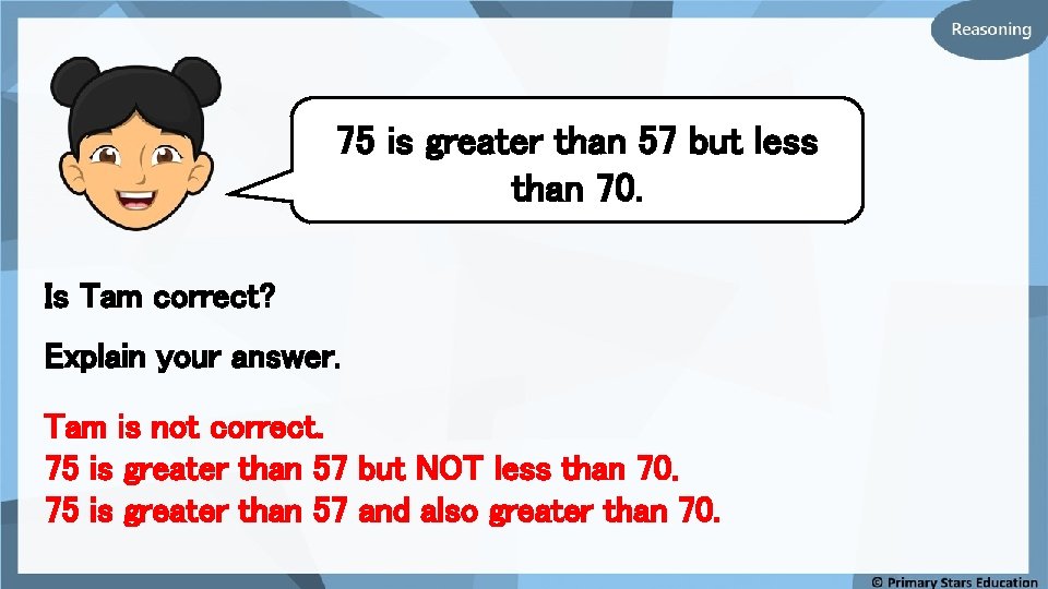 75 is greater than 57 but less than 70. Is Tam correct? Explain your