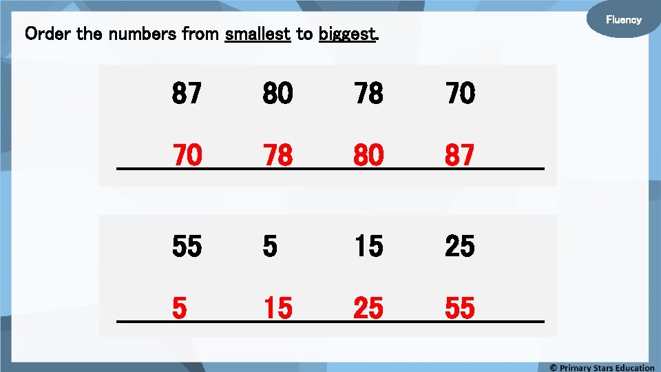 Fluency Order the numbers from smallest to biggest. 87 80 78 70 70 78