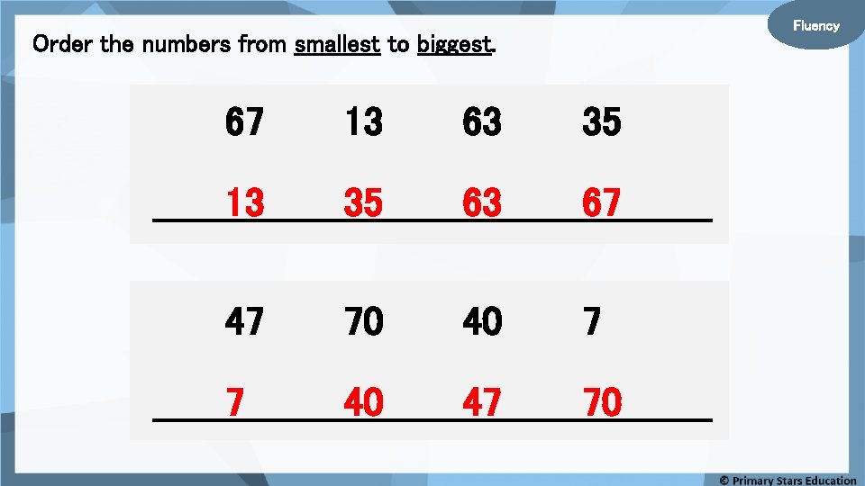 Fluency Order the numbers from smallest to biggest. 67 13 63 35 13 35