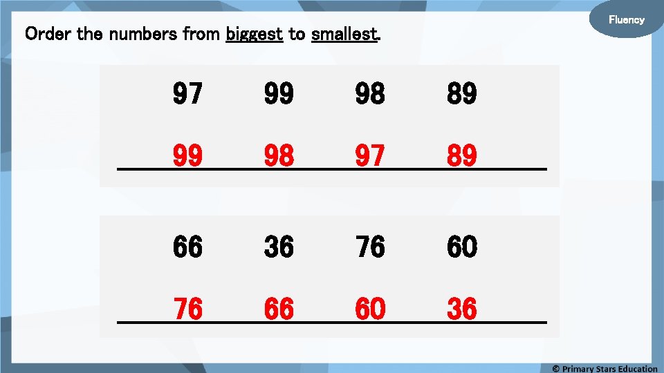 Fluency Order the numbers from biggest to smallest. 97 99 98 89 99 98