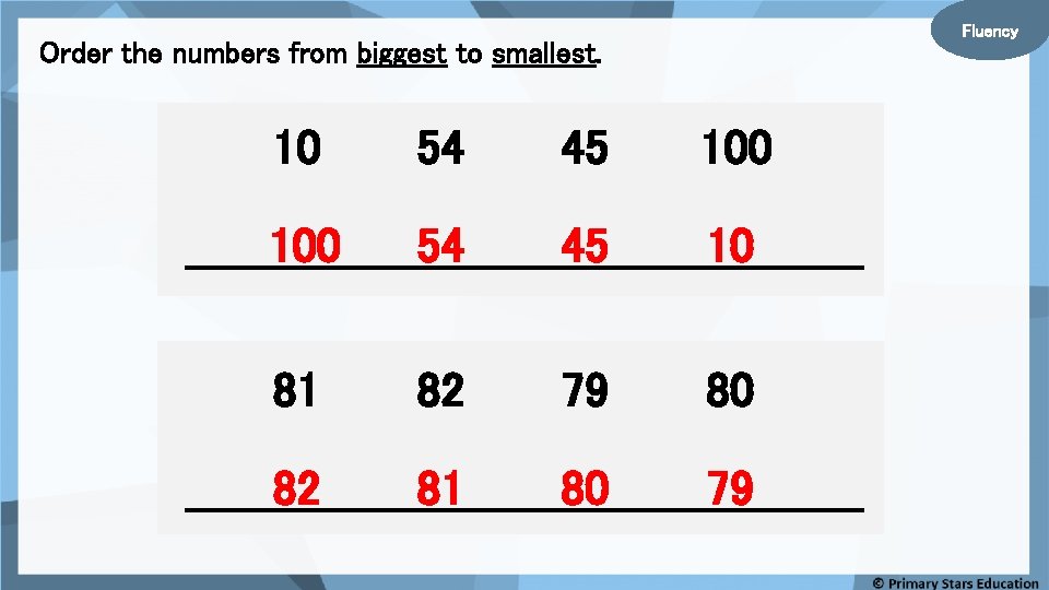 Fluency Order the numbers from biggest to smallest. 10 54 45 100 54 45