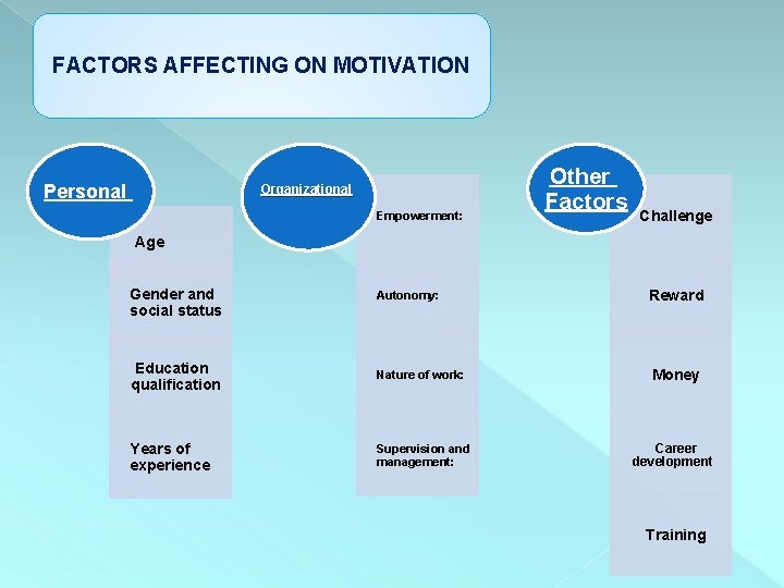FACTORS AFFECTING ON MOTIVATION Personal Organizational Empowerment: Other Factors Challenge Age Gender and social