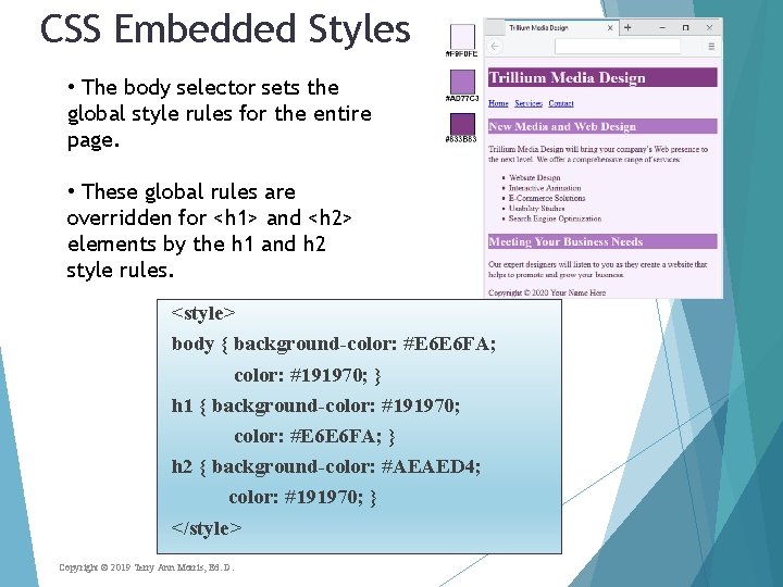 CSS Embedded Styles • The body selector sets the global style rules for the