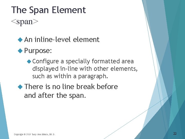 The Span Element <span> An inline-level element Purpose: Configure a specially formatted area displayed