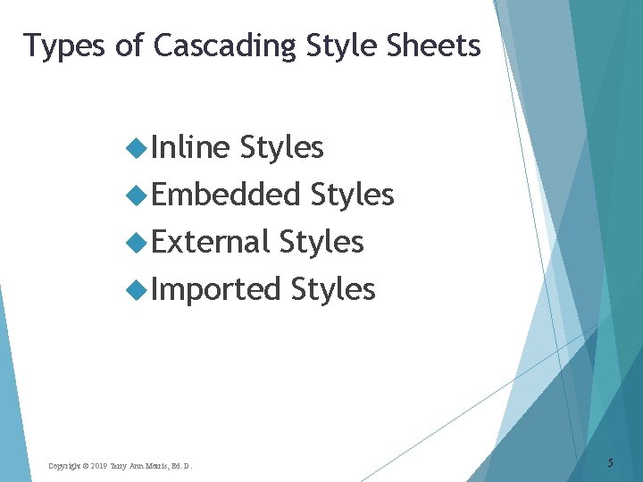 Types of Cascading Style Sheets Inline Styles Embedded Styles External Styles Imported Styles Copyright
