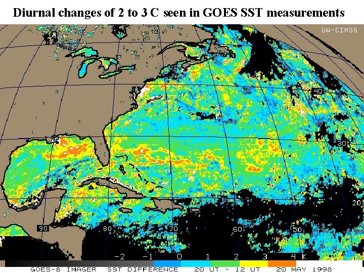 Diurnal changes of 2 to 3 C seen in GOES SST measurements 