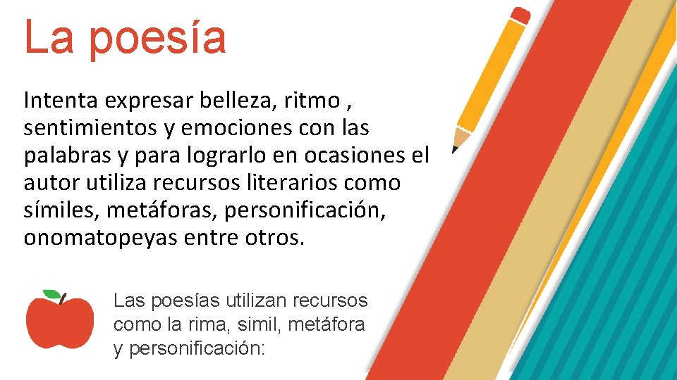 La poesía Intenta expresar belleza, ritmo , sentimientos y emociones con las palabras y