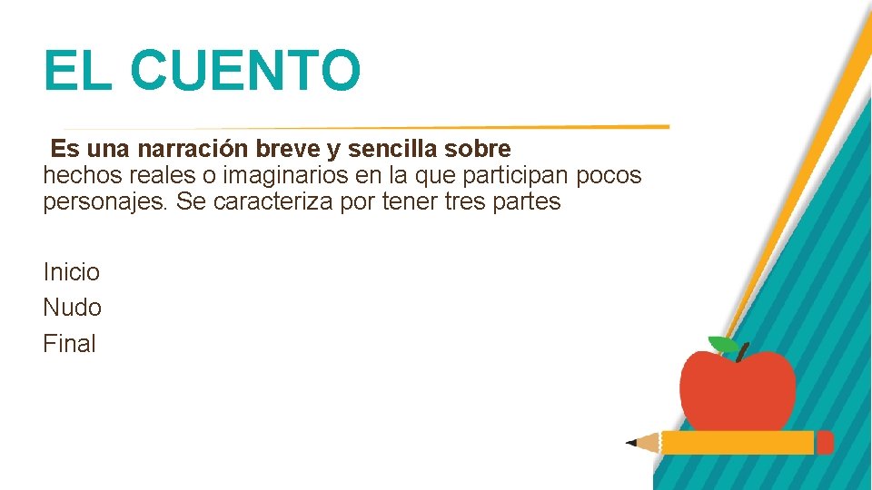 EL CUENTO Es una narración breve y sencilla sobre hechos reales o imaginarios en