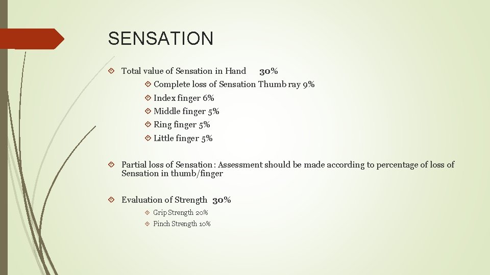 SENSATION Total value of Sensation in Hand 30% Complete loss of Sensation Thumb ray