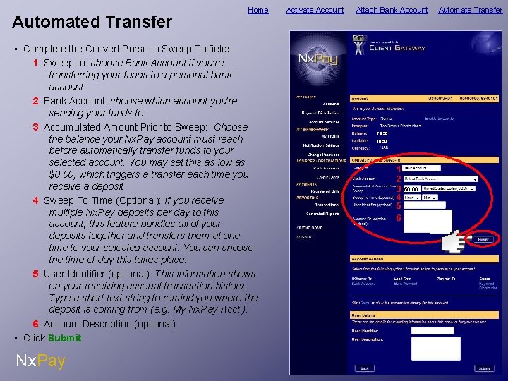 Automated Transfer Home • Complete the Convert Purse to Sweep To fields 1. Sweep