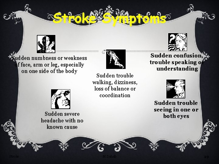 Stroke Symptoms Sudden numbness or weakness of face, arm or leg, especially on one