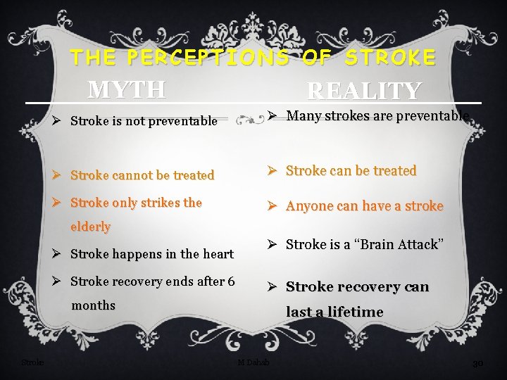 THE PERCEPTIONS OF STROKE MYTH REALITY Ø Stroke is not preventable Ø Many strokes
