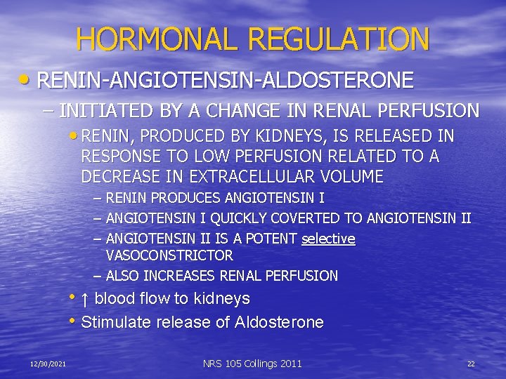 HORMONAL REGULATION • RENIN-ANGIOTENSIN-ALDOSTERONE – INITIATED BY A CHANGE IN RENAL PERFUSION • RENIN,