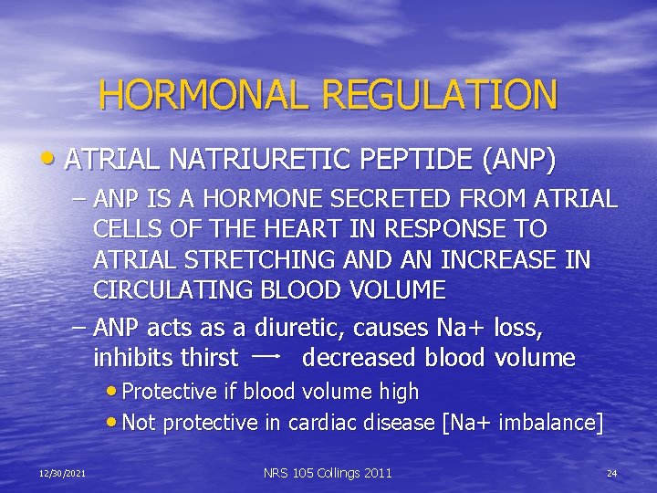 HORMONAL REGULATION • ATRIAL NATRIURETIC PEPTIDE (ANP) – ANP IS A HORMONE SECRETED FROM