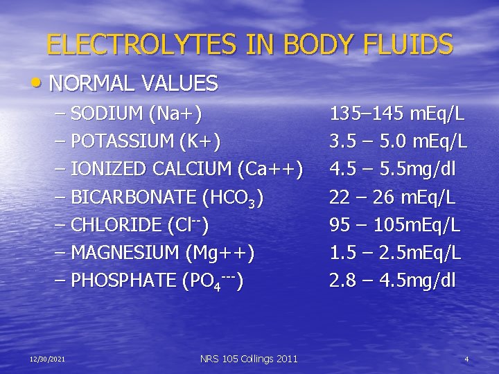 ELECTROLYTES IN BODY FLUIDS • NORMAL VALUES – SODIUM (Na+) – POTASSIUM (K+) –