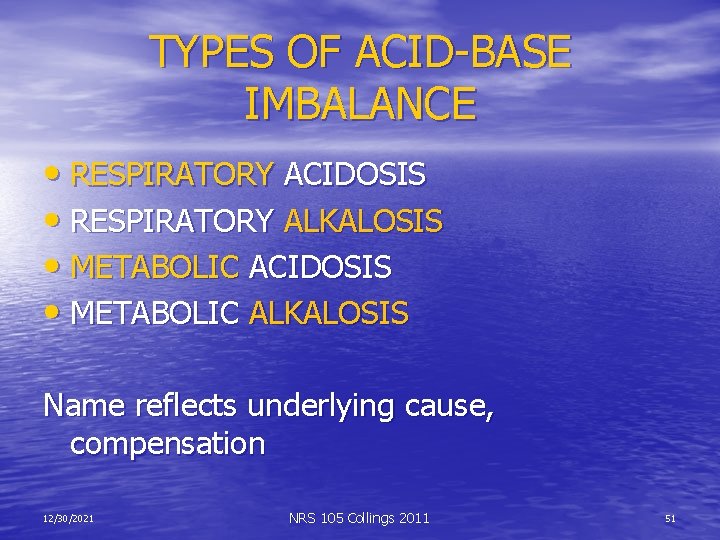 TYPES OF ACID-BASE IMBALANCE • RESPIRATORY ACIDOSIS • RESPIRATORY ALKALOSIS • METABOLIC ACIDOSIS •