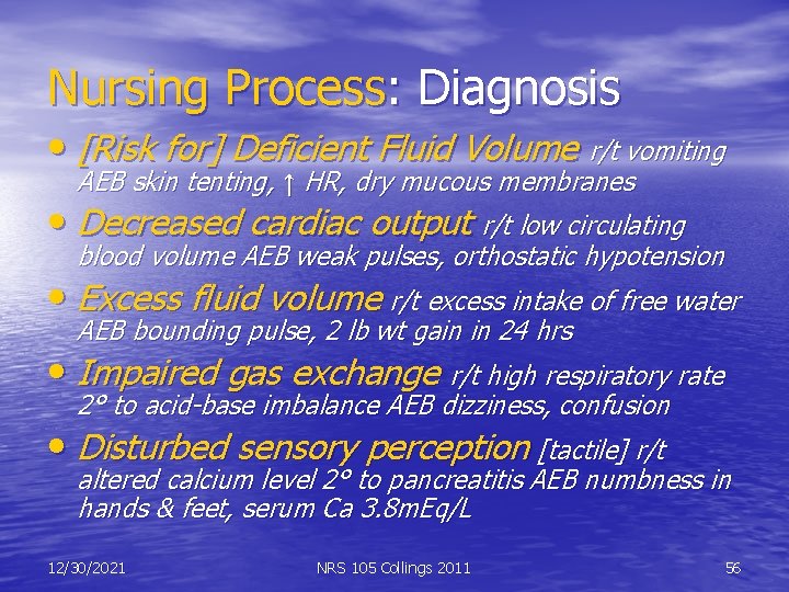 Nursing Process: Diagnosis • [Risk for] Deficient Fluid Volume r/t vomiting AEB skin tenting,