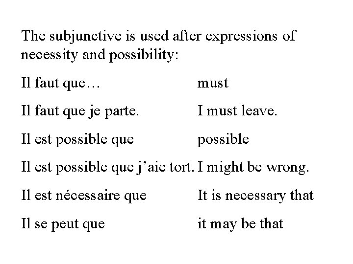 The subjunctive is used after expressions of necessity and possibility: Il faut que… must