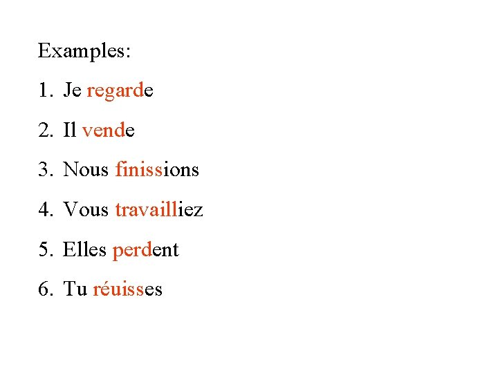 Examples: 1. Je regarde 2. Il vende 3. Nous finissions 4. Vous travailliez 5.