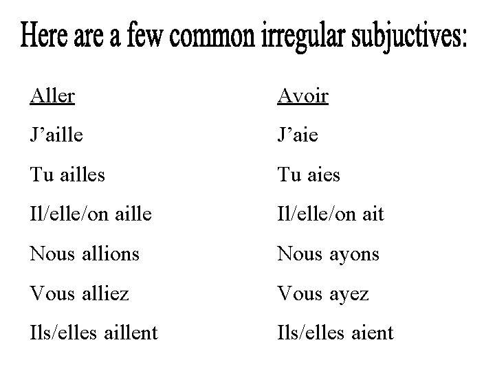 Aller Avoir J’aille J’aie Tu ailles Tu aies Il/elle/on aille Il/elle/on ait Nous allions