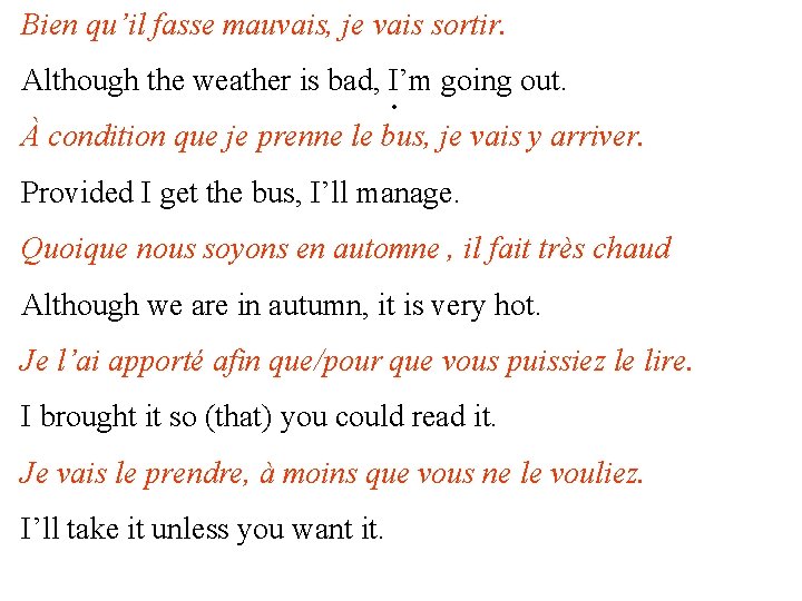 Bien qu’il fasse mauvais, je vais sortir. Although the weather is bad, I’m going