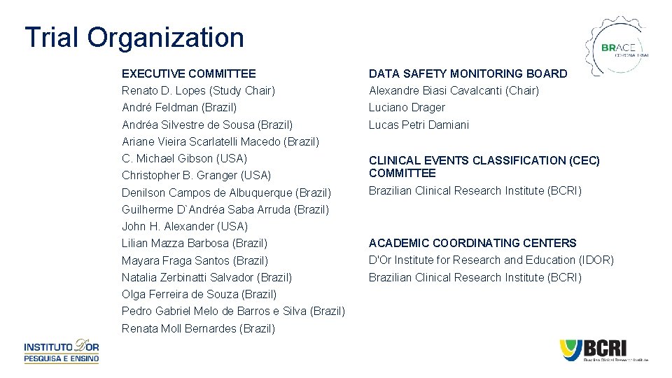 Trial Organization EXECUTIVE COMMITTEE DATA SAFETY MONITORING BOARD Renato D. Lopes (Study Chair) Alexandre