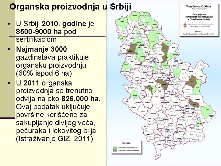 Organska proizvodnja u Srbiji • U Srbiji 2010. godine je 8500 -9000 ha pod