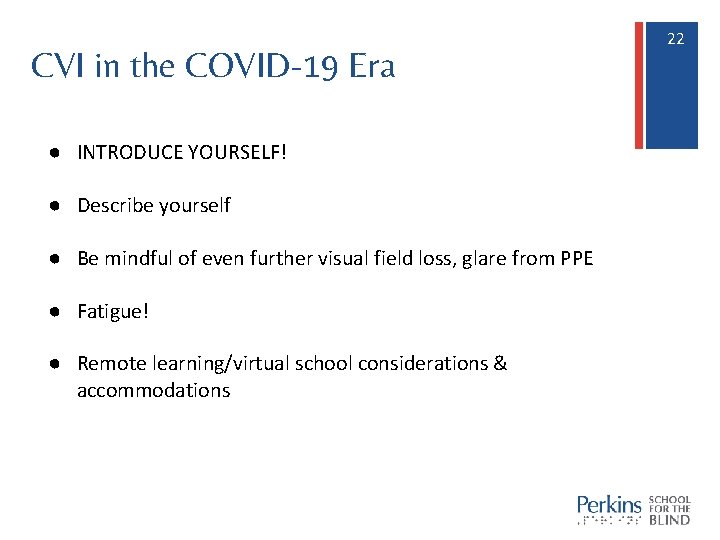 CVI in the COVID-19 Era ● INTRODUCE YOURSELF! ● Describe yourself ● Be mindful