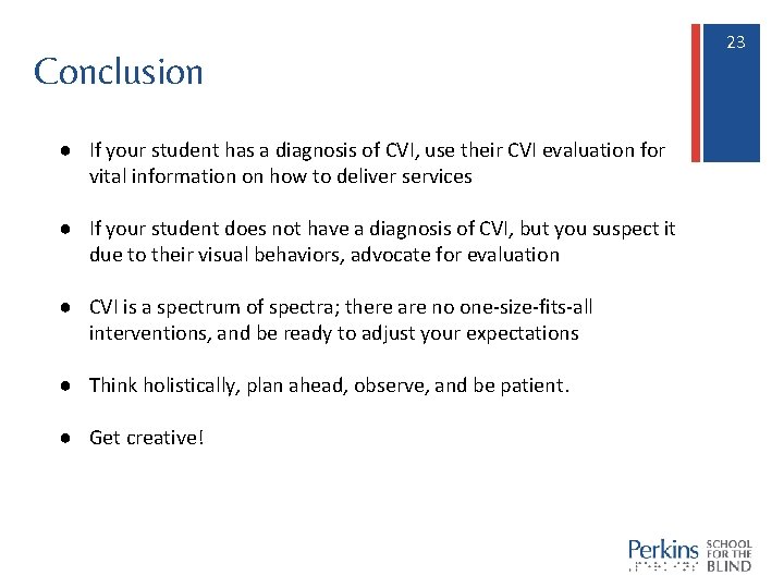 Conclusion ● If your student has a diagnosis of CVI, use their CVI evaluation