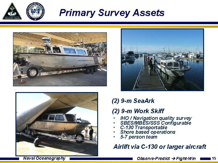 Primary Survey Assets (2) 9 -m Sea. Ark (2) 9 -m Work Skiff •