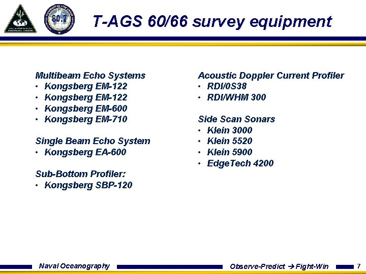T-AGS 60/66 survey equipment Multibeam Echo Systems • Kongsberg EM-122 • Kongsberg EM-600 •