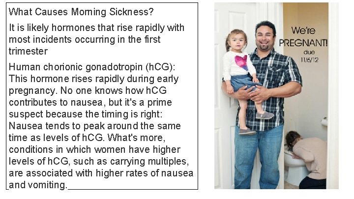 What Causes Morning Sickness? It is likely hormones that rise rapidly with most incidents
